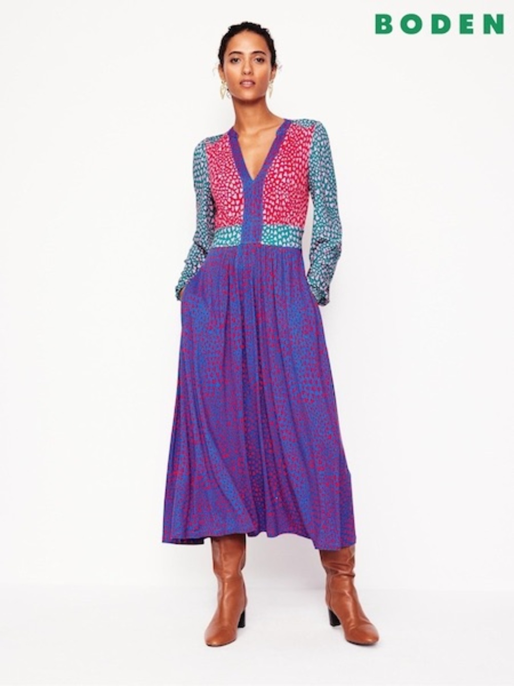 Boden MultiColor Blue Lily Long Sleeve Heart Midi Dress Size 8R